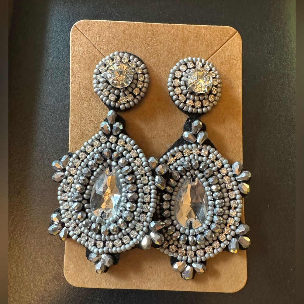 Handmade Large Beaded Rhinestone Dangle Earrings EUC